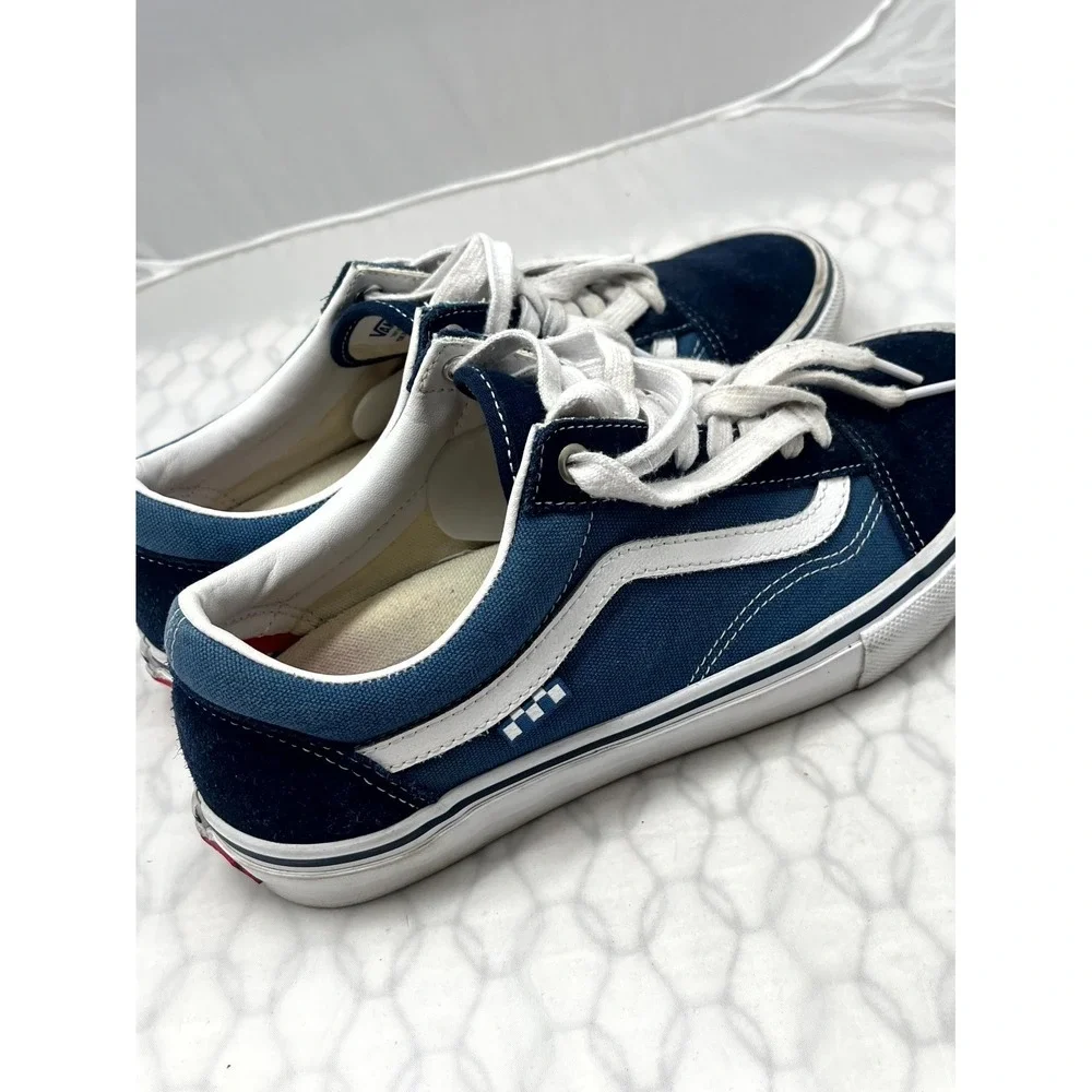Vans Old Skool Men 9 Sneaker Navy Blue White Low Top Lace Up Skateboarding Shoes